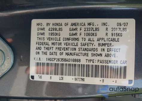 2008 Honda Accord 2.4 Lx z USA, uszkodzony, nr VIN 1HGCP26358A016868